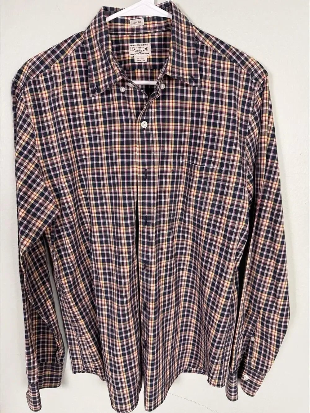 J.Crew‎ Slim Fit Plaid Button Down Shirt Red Yellow Blue Cotton, Lg